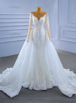 White Tulle Lace Long Sleeve Wedding Dress With Detachable Train