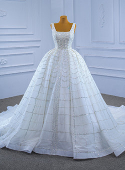 White Ball Gown Tulle Sequins Beading Straps Wedding Dress
