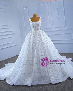 White Ball Gown Tulle Sequins Beading Straps Wedding Dress