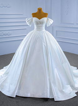 White Satin Pleats Pearls Beading Wedding Dress