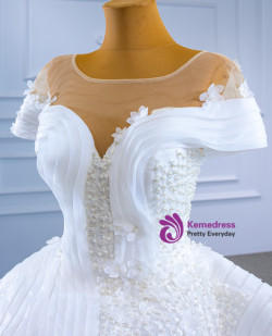 White Mermaid Cap Sleeve Flower Pearls Wedding Dress