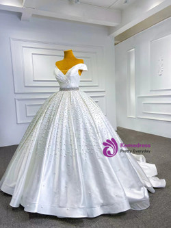 White Ball Gown Satin Off the Shoulder Pearls Crystal Wedding Dress