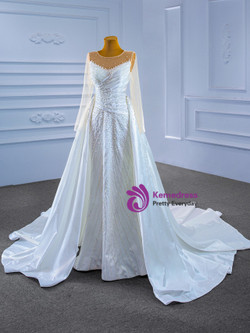 White Mermaid Satin Pearls Wedding Dress With Detachable Train