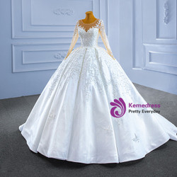 White Satin Long Sleeve Appliques Pearls Wedding Dress White Satin Long Sleeve Appliques Pearls Wedding Dress