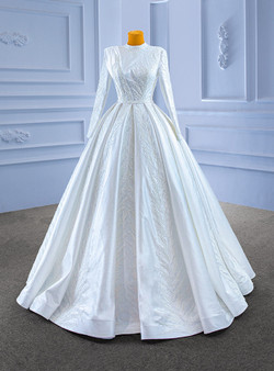 White Satin High Neck Long Sleeve Appliques Wedding Dress