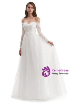 White Lace Tulle Long Sleeve Off the Shoulder Wedding Dress White Lace Tulle Long Sleeve Off the Shoulder Wedding Dress