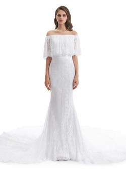 White Mermaid Lace Wedding Dress With Long Train