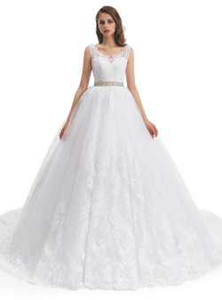 White Ball Gown Tulle Lace Appliques Beading Wedding Dress