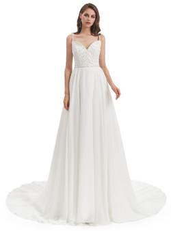 White Chiffon Lace Beading Spaghetti Straps Wedding Dress