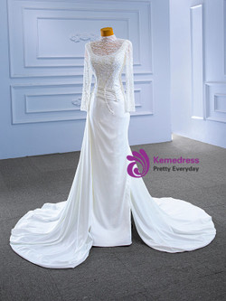 White Mermaid Satin High Neck Beading Sequins Wedding Dress White Mermaid Satin High Neck Beading Sequins Wedding Dress
