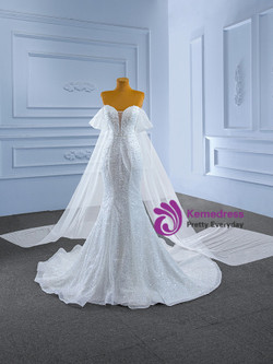 White Mermaid Sequins Pearls Off the Shoulder Wedding Dress