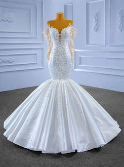 White Mermaid Satin Long Sleeve Appliques Pearls Wedding Dress