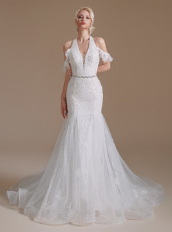 White Mermaid Lace Beading V-neck Wedding Dress White Mermaid Lace Beading V-neck Wedding Dress