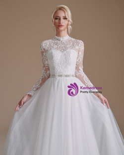 White Tulle Appliques Long Sleeve Beading Wedding Dress