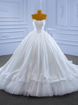 White Ball Gown Tulle Satin Strapless Pearls Wedding Dress