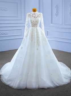 White Long Sleeve High Neck Backless Beading Wedding Dress