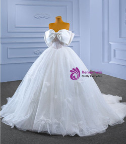 White Tulle Sequins Strapless Bow Wedding Dress