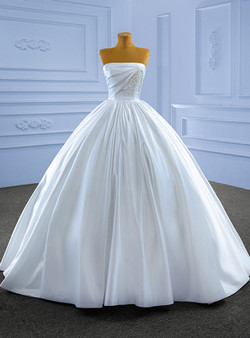 White Satin Strapless Pearls Beading Pleats Wedding Dress