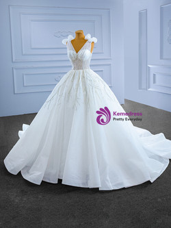 White Tulle V-neck Sequins Wedding Dress