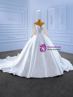 White Satin Long Sleeve Beading Sequins Wedding Dres