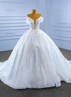 Ball Gown White Tulle Sequins Pearls Wedding Dress