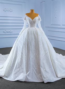 White Tulle Sequins Beading Long Sleeve Wedding Dress