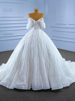 Luxury Ball Gown White Tulle Sequins Pearls Wedding Dress
