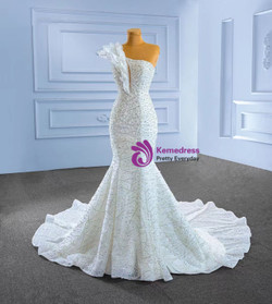 White Mermaid One Shoulder Sequins Beading Wedding Dress