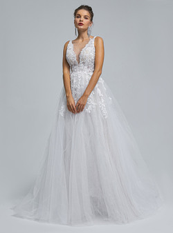 White Tulle See Through V-neck Appliques Wedding Dress