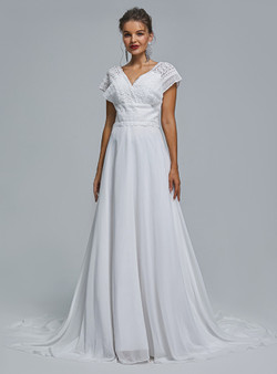 A-Line White Chiffon Lace V-neck Wedding Dress