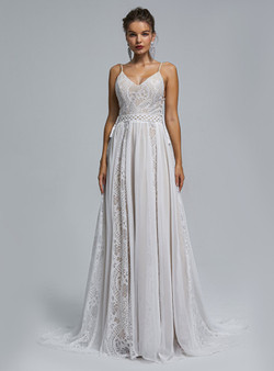 White Chiffon Lace Straps Backless Wedding Dress