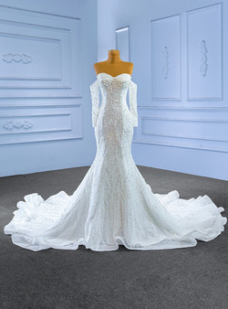 White Mermaid Sequins Pearls Wedding Dress With Detachable Sleeve