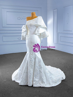 White Mermaid One Shoulder Satin Sequins Wedding Dress White Mermaid One Shoulder Satin Sequins Wedding Dress