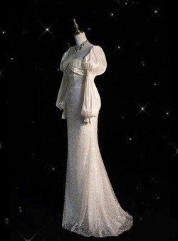 Ivory Satin Sequins Pleats Puff Sleeve Wedding Dress