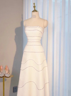 A-Line White Strapless Beading Pearls Wedding Dress
