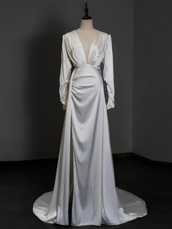 White Satin Long Sleeve Pleats Split Wedding Dress
