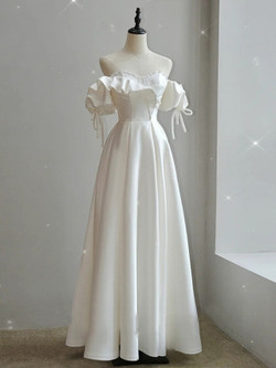 White Satin Strapless Beading Puff Sleeve Wedding Dress