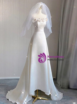 White Satin Strapless 3D Flower Wedding Dress