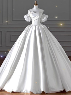 White Satin Off the Shoulder Pleats Beading Wedding Dress White Satin Off the Shoulder Pleats Beading Wedding Dress