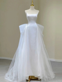 Simple White Tulle Satin Spaghetti Straps Wedding Dress