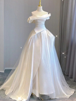 White Satin Tulle Pleats Off the Shoulder Wedding Dress