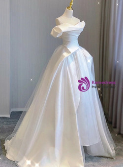 White Satin Tulle Pleats Off the Shoulder Wedding Dress