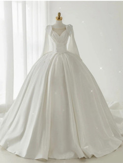 Ball Gown White Satin Pleats Pearls Wedding Dress