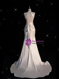 White Halter Mermaid Satin Backless Wedding Dress