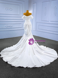 White Mermaid Satin Off the Shoulder Beading Pearls Wedding Dress