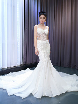 White Mermaid Straps Tulle Sequins Beading Wedding Dress