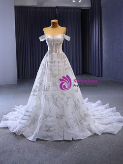 White Tulle Beading Sequins Off the Shoulder Wedding Dress