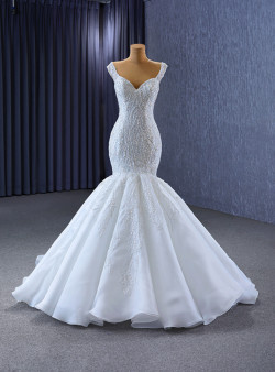 White Mermaid Tulle Sequins Strap Wedding Dress