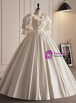 Vintage White Satin Lace Puff Sleeve Wedding Dress