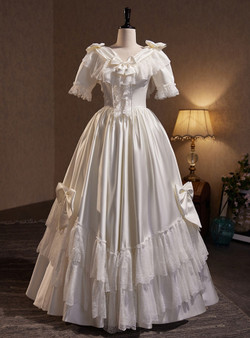 White Satin Lace Short Sleeve Bow Wedding Dress